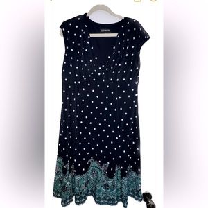 Jones New York Dark Navy Blue White Polka Dot Dress Paisley Design Size 14